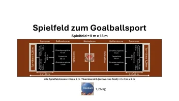 Es ist eine Grafik mit vielen Details zum Spielfeld beim Goalball zu sehen.