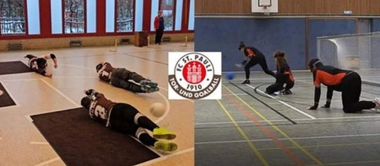 Es sind mehrere Personen beim Spielen der Sportarten Torball und Goalball sehen, teils liegen sie auf dem Spielplan, teils hocken sie.