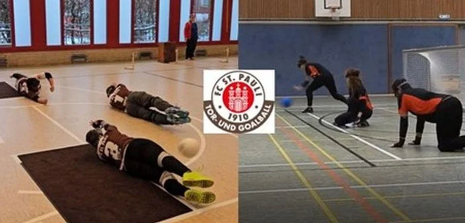Es sind mehrere Personen beim Spielen der Sportarten Torball und Goalball sehen, teils liegen sie auf dem Spielplan, teils hocken sie.