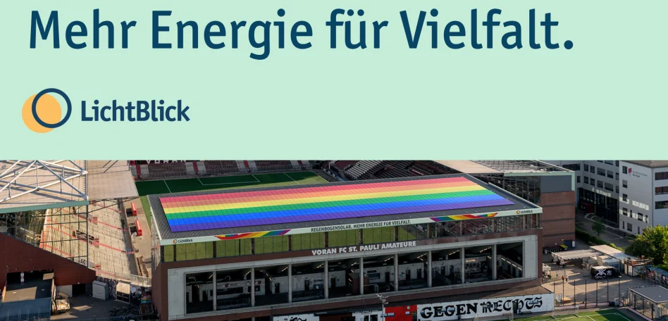 Es ist eine Collage zu sehen, auf der oberen Hälfte steht auf hellgrünem Hintergrund "Mehr Energie für Vielfalt", auf der unteren Hälfte ist das Millerntor-Stadion zu sehen.