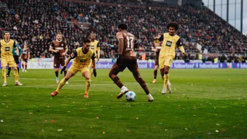 Oladapo Afolayan hat den Ball am Fuß und geht ins Duell mit Dortmunds Yan Couto, drumherum sind weitere Spieler und im Hintergrund die Haupttribüne des Millerntor-Stadions zu erkennen.