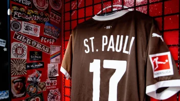 Ein braunes St. Pauli Trikot an einem Kleiderbügel vor einer roten Fliesenwand