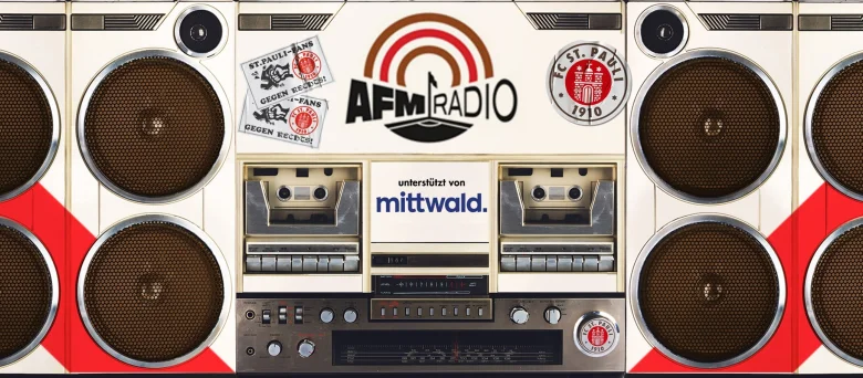 AFM Radio Werbung. In der Mitte des Bildes sieht man einen Kasettenspieler