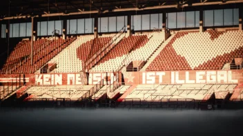 Ein Foto des Stadions von Innen. Ein Banner zeigt die Worte "Kein Mensch ist illegal"