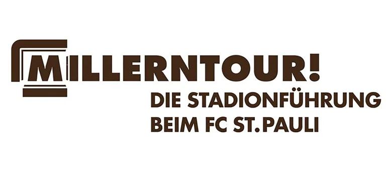 Grafik mit dukelbrauner Schrift auf weißem Hintergrund. Es ist Millerntour - die Stadionführung beim FC St. auli zu lesen.