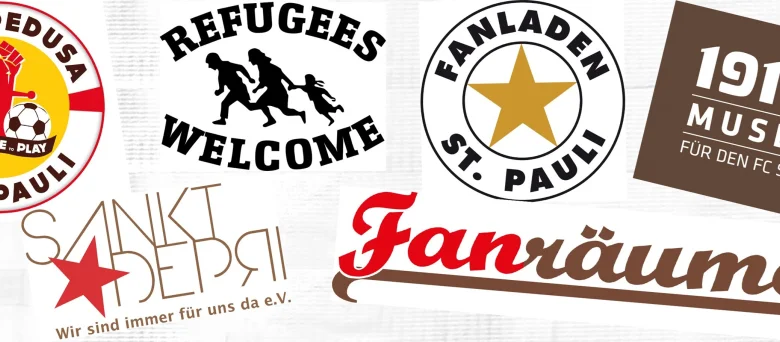 Man sieht eine Collage aus mehrere Logos wie Refugees welcome.