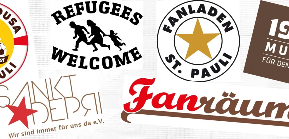 Man sieht eine Collage aus mehrere Logos wie Refugees welcome.